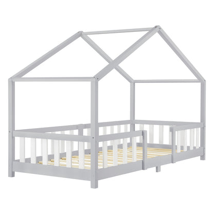 Kinderbed – Kinderbedden – Eenpersoonsbed – Hoogslaper – Stapelbed – Huisvormig Design – Valbeveiliging – Grenenhout – 140x200 cm
