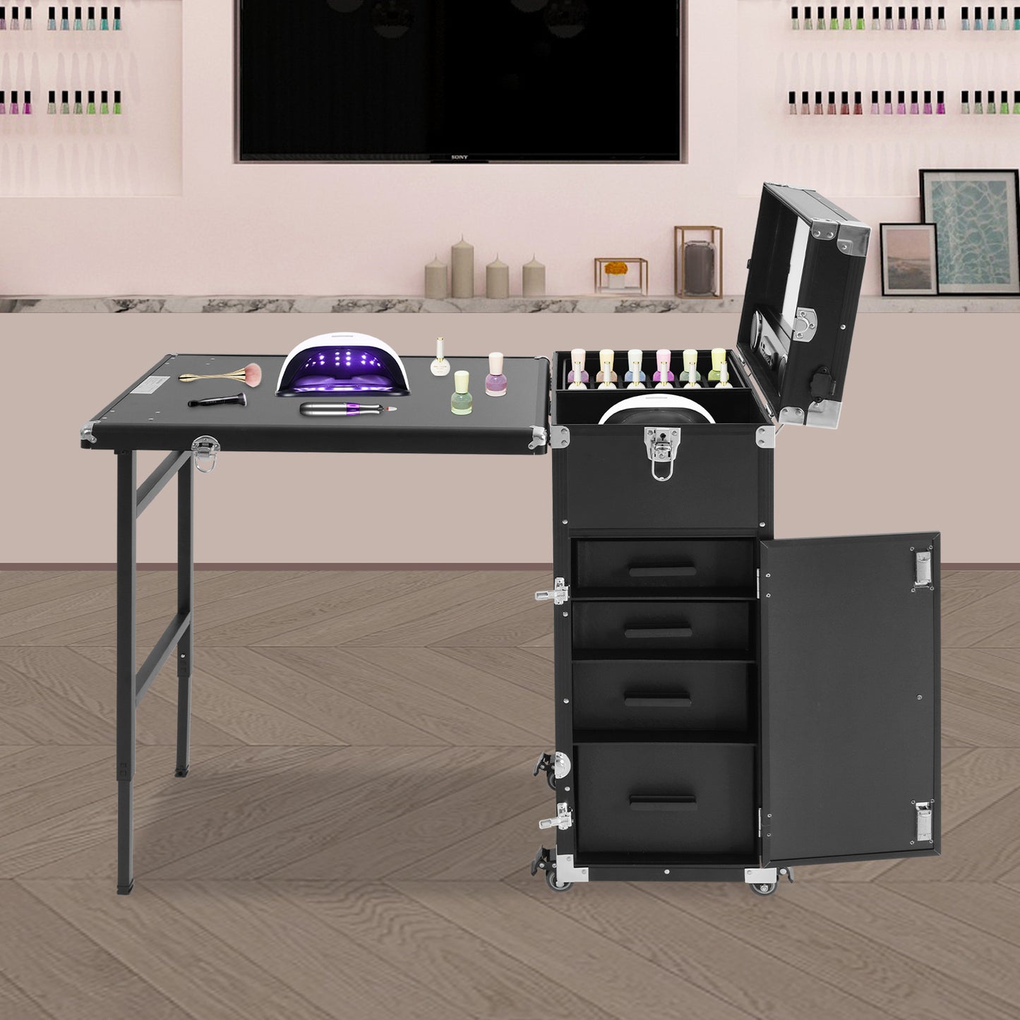 Heavy-Duty Rolling Manicure Table with Folding - Professional Makeup & Embroidery Trolley, Portable Cosmetic Case W/Spacious & Storage Organizer, Heavy-Resistant ABS/ Frame for Artists, Salons, Travel