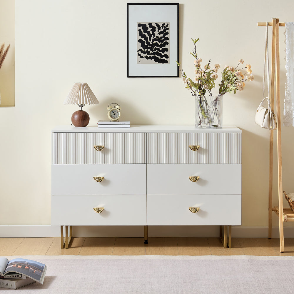 Dressoir – Sideboard – Ladekast – Opbergkast – Commode – Wit met Gouden Accenten – 6 Laden – 120x40x75 cm – Eigentijds Design