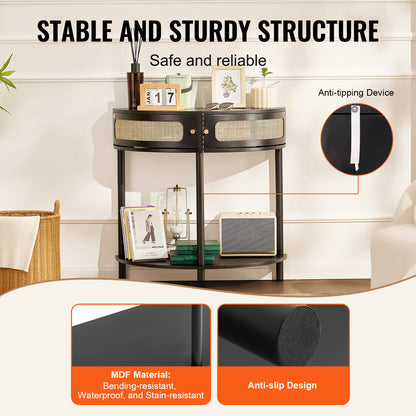 Sidetable – Wandtafel – Haltafel – Consoletafel – Bijzettafel – Zwart Rattan – Halve Maan Vorm – 2 Laden & Open Plank – Duurzaam MDF Onderstel