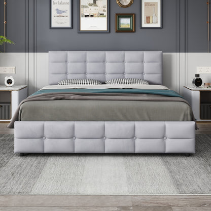 Tweepersoonsbed – Bed met opberglades – Platformbed – Slaapbank – Met opbergruimte – Grijs linnen – 4 royale lades – Stevig metalen frame – 140x200 cm – Geen montage nodig