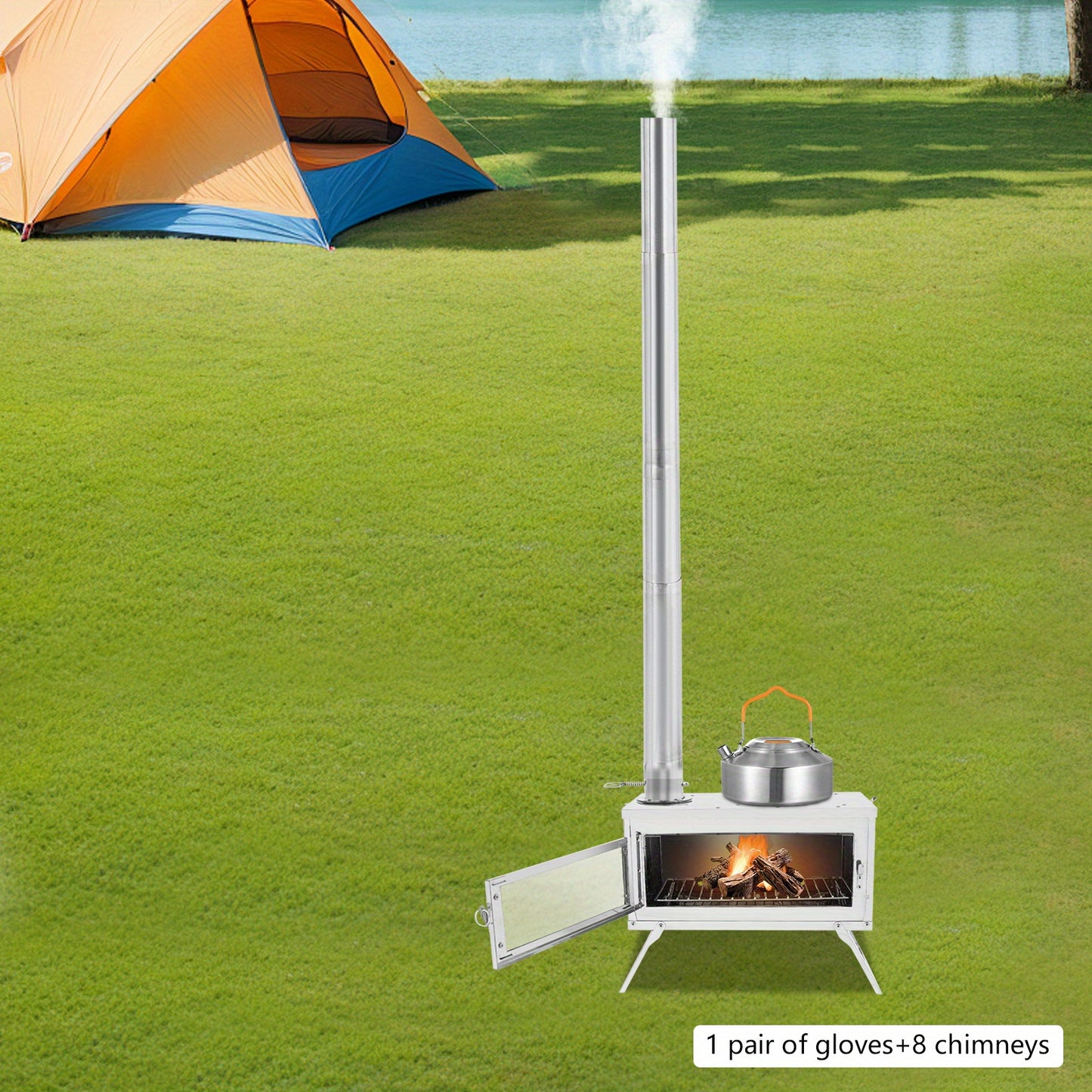 Houtkachel – Campingkachel – Tentkachel – Outdoorkachel – Backpacking Kachel – Roestvrijstaal – Compact & Draagbaar – Inclusief 8 Schoorsteenpijpen & Handschoenen