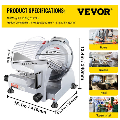 Elektrische Allessnijder – Vlees Snijmachine – Kaassnijder – Groentesnijder – Broodsnijder – Aluminium & RVS – 250 mm Carbon Stalen Mes – 240W Motor 350-400 RPM