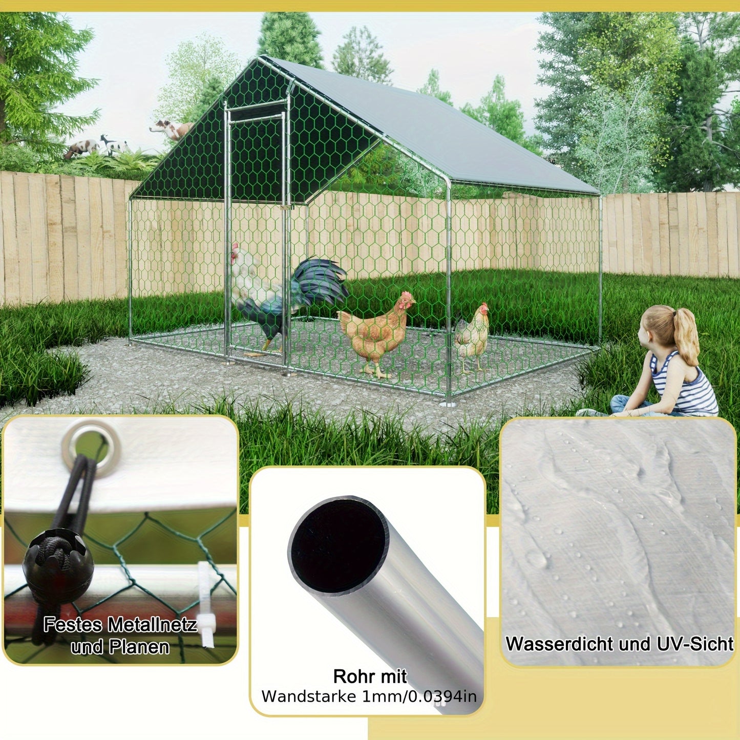 Free Range Chicken House 3x2x2m with Safety Lock And Waterproof PE Cloth, Metal Free Range Fence for Chickens, Rabbits And Other Small Animals