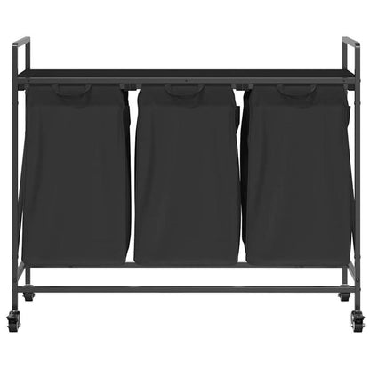 3-Vaks Wasmand – Wasmand Met Wieltjes – Wasbak – Beddengoedmand – Wascontainer – Matzwart – Stevig Metalen Frame – Mobiel En Compact