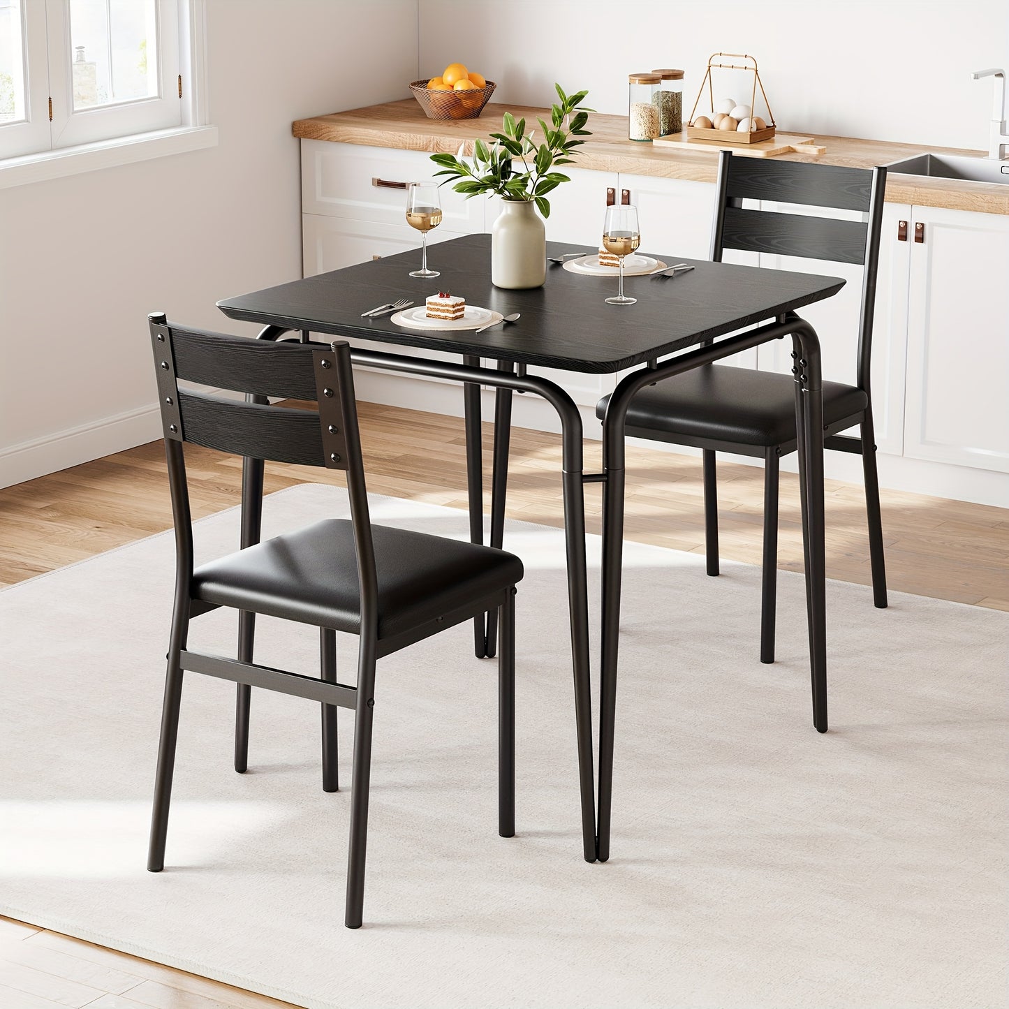 Eettafelset – Eettafel en Stoelen – Dinerset – Keukentafelset – Compacte Tafelset – Ruimtebesparend Ontwerp – MDF Tafelblad met Metalen Frame – Zwart