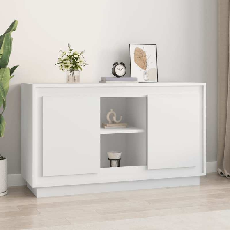 Modern White Sideboard with Open Shelves & Removable Drawers - 102x35x60cm, Hardwood Furniture for Living Room, Bedroom, Office - Sleek Minimalist Design with Decorative Vases & Clock Display, Sideboard Cabinet, Bedroom Stora