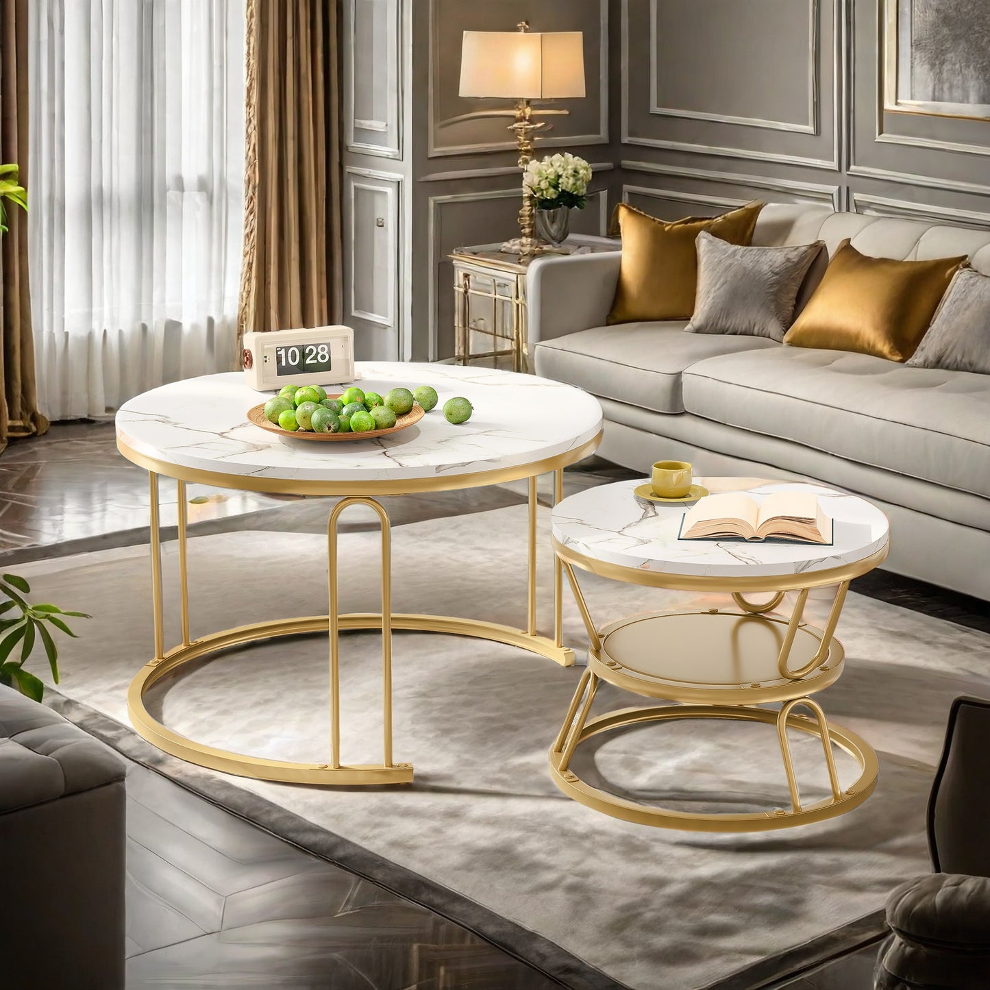 Salontafel – Bijzettafel – Koffietafel – Tafeltje – Ronde Salontafel Set – Gouden Metaal Frame – Marmer Effect Tafelblad – Stapelbaar – Lichtgewicht