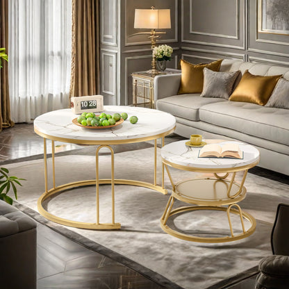 Salontafel – Bijzettafel – Koffietafel – Tafeltje – Ronde Salontafel Set – Gouden Metaal Frame – Marmer Effect Tafelblad – Stapelbaar – Lichtgewicht