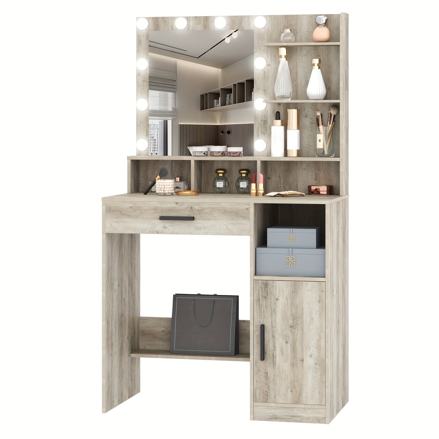 Kaptafel – Make-uptafel – Schoonheidstafel – Make-upmeubel – Greige – 10 Dimbare LED Lampen – 3 Planken & Grote Lade