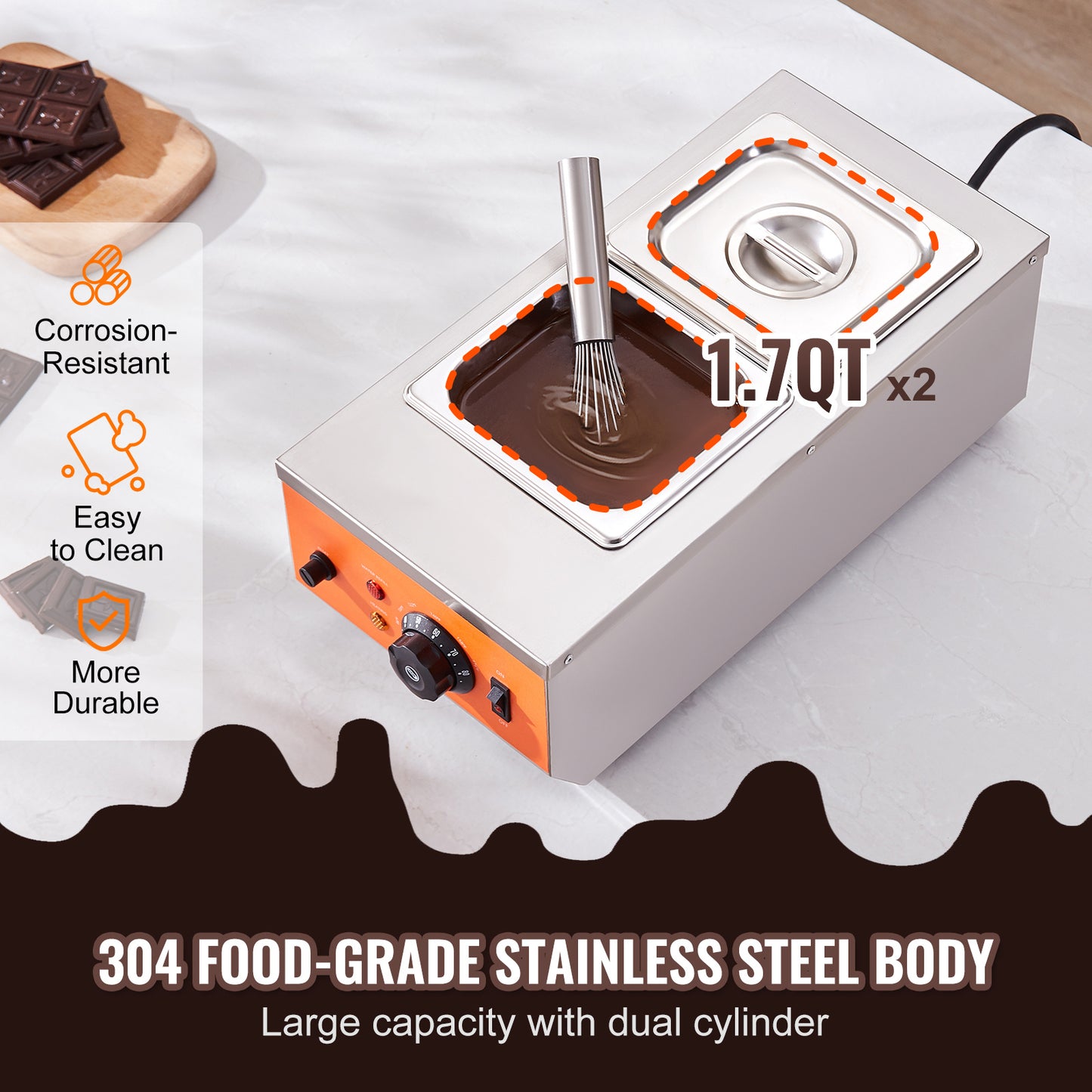 Chocolade smeltketel – Chocolade smelter – Chocolade smeltpan – Chocolade temper apparaat – Chocolade smeltmachine – 2 aparte verwarmingscilinders – 800W roestvrij staal