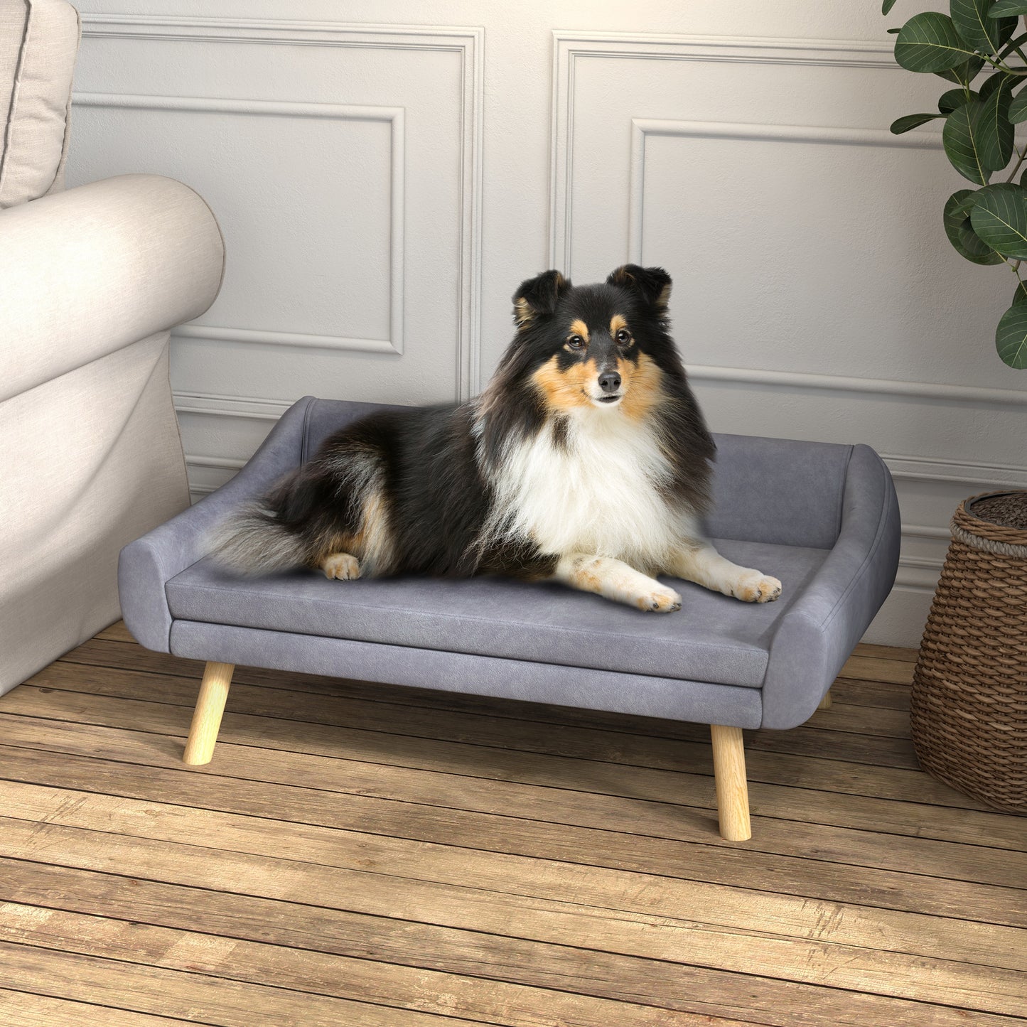Huisdierbankje – Kattenbank – Hondenbed – Dierenbank – Slaapbank – Scandinavisch Design – Afneembaar Kussen – Velours Stof – Houten Poten – 102x58,5x42,5 cm – Grijs