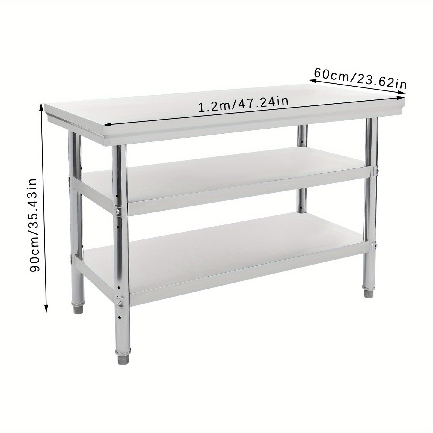 RVS Werkbank – Werktafel – Werkstation – Werkruimte – Werkoppervlak – 3 Lagen – 120x60 cm – Roestvast Staal – Verstelbare Voeten – 100 kg Draagvermogen