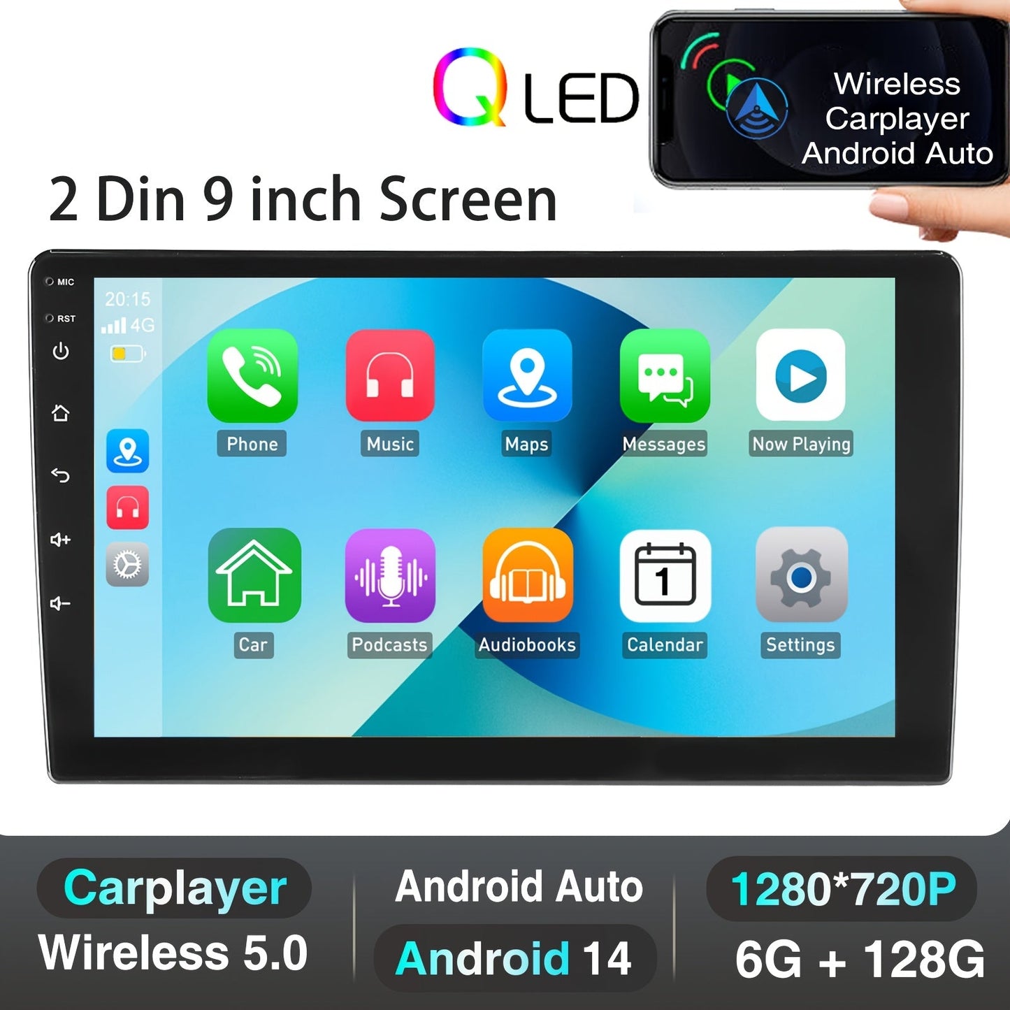2DIN Autoradio – Autostereo – Multimedia Speler – Car Radio – Android Headunit – 9 Inch QLED Touchscreen – Android 14, 8-Core Processor, 6 GB RAM