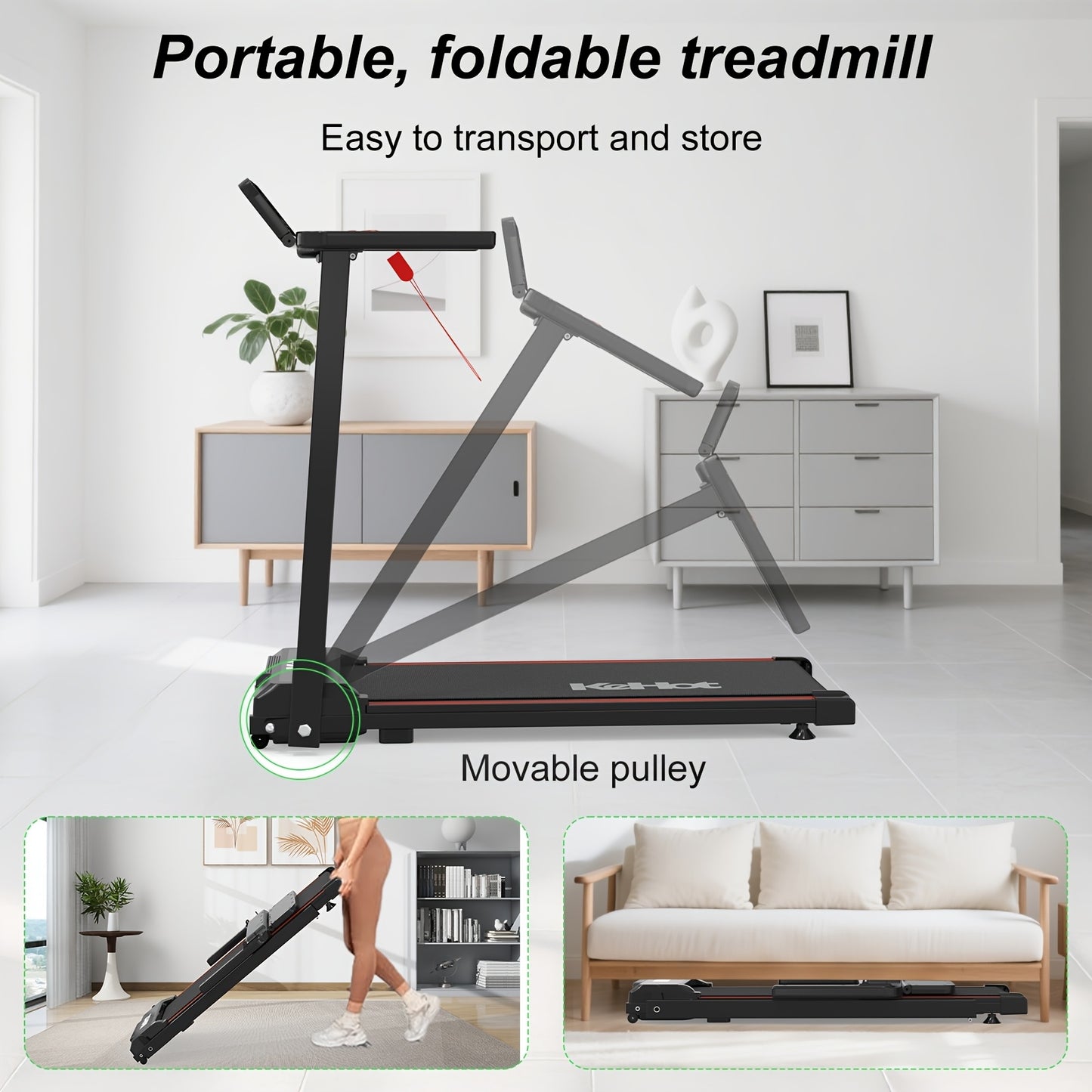 Treadmill | 1-12 Km/h Speed, 12 Training Modes, App Connectivity, LED Display With Remote, 100kg Capacity, Quiet & Foldable Design | Black Rubber, Kehot Brand, Wireless Wireless Music & App, Without Battery