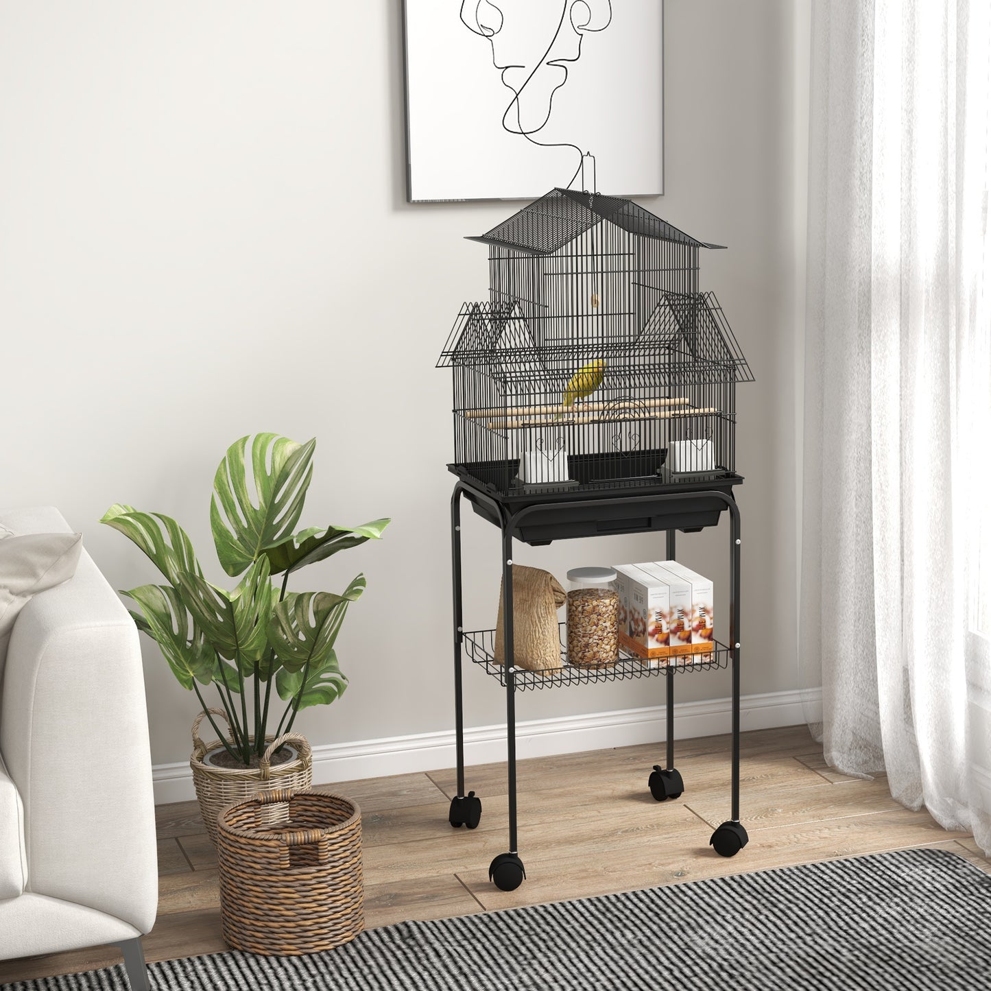 Vogelkooi – Vogelhuis – Parkietenkooi – Vogelkooi Binnen – Vogelkooi Met Standaard – Metaal – Ruim 50,5x41x121 cm – Uitneembare Bodemplaat & Draaghendel