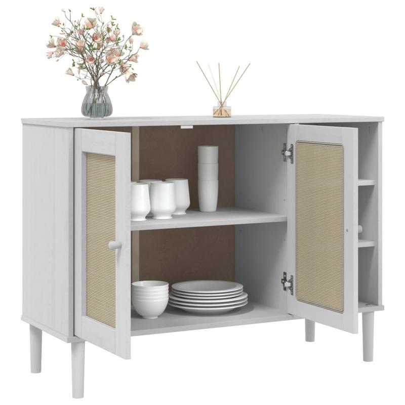 Modern Rattan Look Sideboard with Removable Shelves - Solid Pinewood, 3-Drawer & Open Shelf Design, Light Beige Finish for Living Room Organization, 112x40x80cm, Sideboard Cabinet, Minimalist Decor, Natural Wood Texture