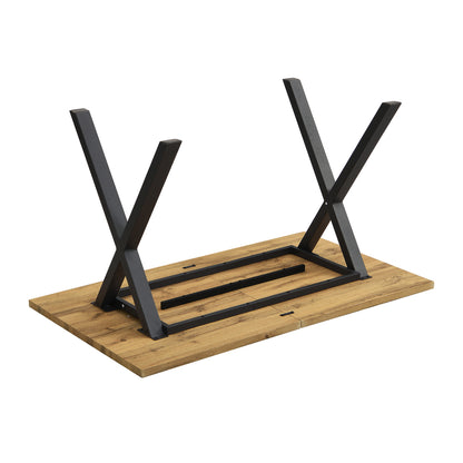 Durable and sturdy dining table with cross-leg design, rectangular shape, modern minimalist wrought iron dining table, 140*80*76cm, suitable for dining room, living room, hallway, color is natural wood.