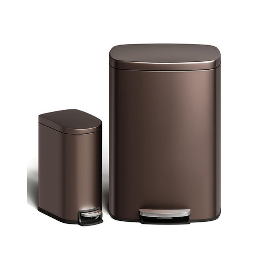 50 L and 10 L Rustproof Trash Can Combo Set | Stainless Steel Garbage Can with Lid, Step-on Bin with Inner Bucket, Rear Handle, Varnished Finish, 408 Stainless Steel - Towallmark