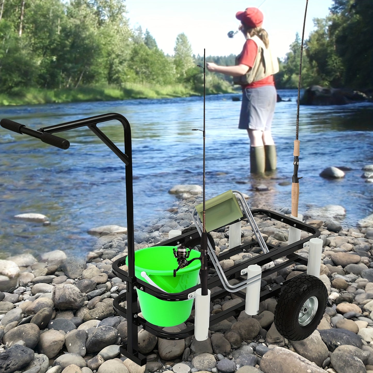 Vistuigwagen – Viswagen – Outdoor Kar – Viskar – Campingkar – Zwarte uitvoering – Hoogwaardig Koolstofstaal – Dubbele Rubber Wielen – 7 Hengelhouders – Antislip Handvat – Verstelbare Voorpoot voor Stabiliteit