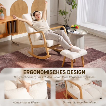 Schommelstoel – Relaxstoel – Fauteuil – Voedingsstoel – Loungestoel – Fleece Bekleding – Hoogte Rugleuning – Stevig Rubberwood Met Antislip Voetbescherming