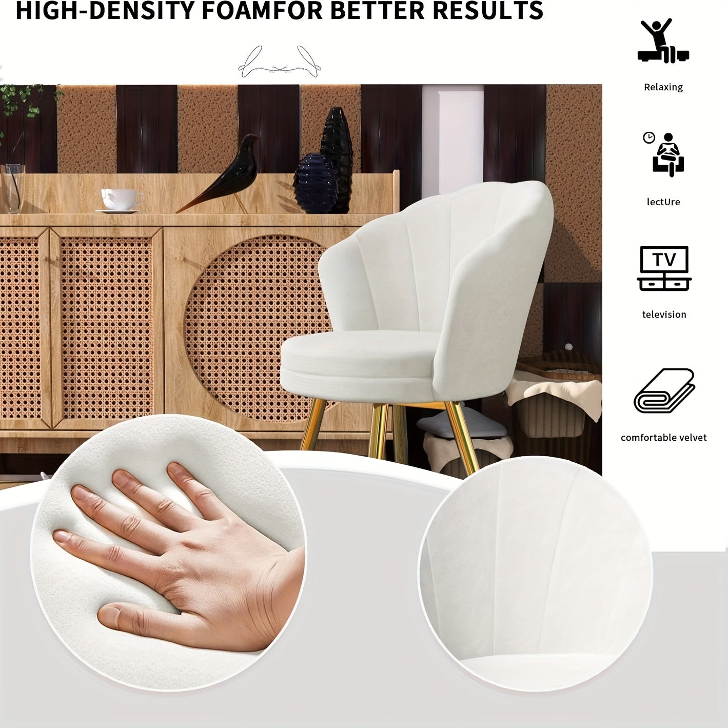 Velvet Fauteuil – Fluwelen Stoel – Lounge Stoel – Relaxfauteuil – Witte Zetel – Zacht Memory Foam – Gouden Metalen Poten