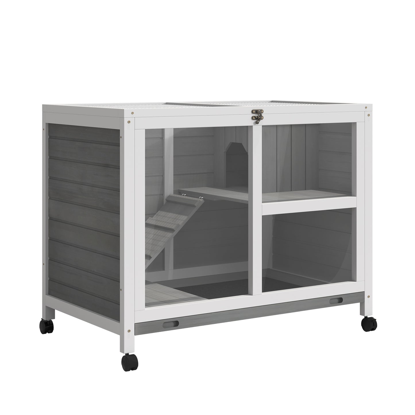 Konijnenhok – Konijnenkooi – Houten Konijnenverblijf – Dierenverblijf – Buitenhok – 2 Verdiepingen – Massief Hout – Openklapbaar Dak – Wieltjes – 91,5 x 53,3 x 73 cm – Grijs
