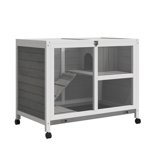 Konijnenhok – Konijnenkooi – Houten Konijnenverblijf – Dierenverblijf – Buitenhok – 2 Verdiepingen – Massief Hout – Openklapbaar Dak – Wieltjes – 91,5 x 53,3 x 73 cm – Grijs