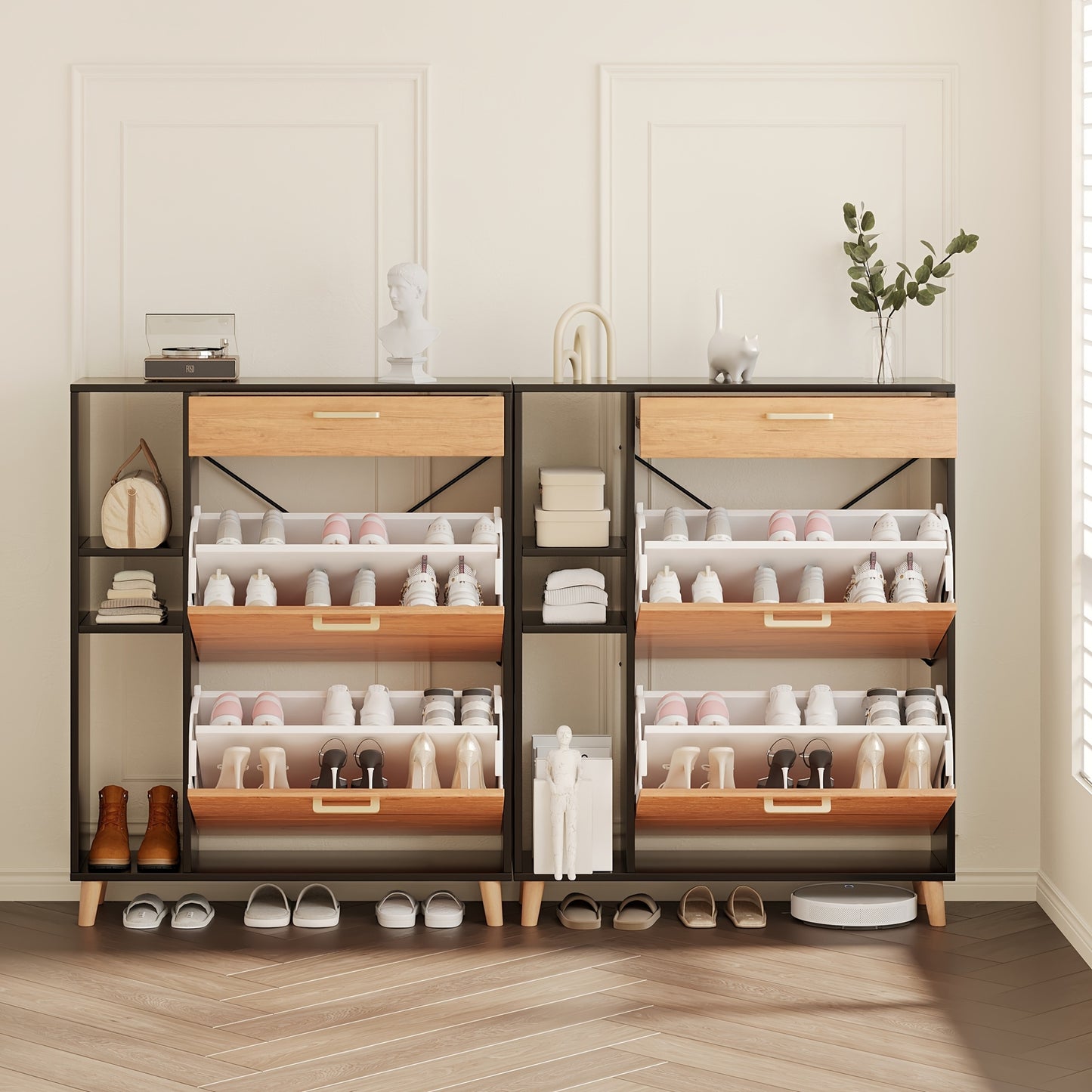 Bijzettafels – Koffietafel – Salontafel – Tafeltje – Woonkamertafel – Zwart – Set Van 2 Ronde Tafels – Marmerfineer Blad – Goudkleurig Metalen Frame