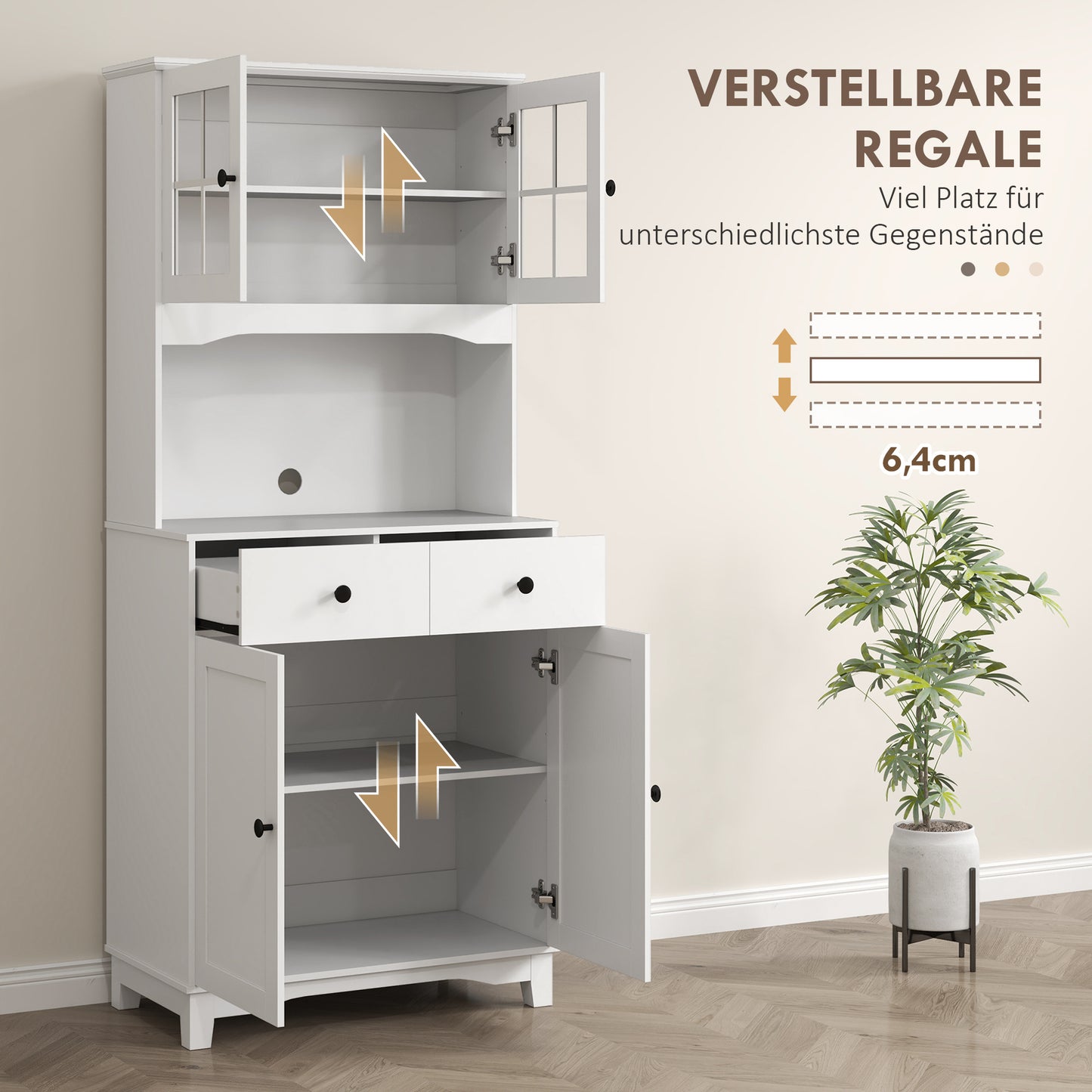 Keukenkast – Hoge Kast – Buffetkast – Opbergkast – Bovenkast – Verstelbare Planken – Wit 68x39,5x170 cm Rubberwood Werkblad