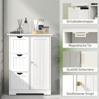 HOMCOM Modern White Bathroom Storage Cabinet with 3 Drawers & Adjustable Shelf - 60x30x80cm Glass Organizer, Pull-Out Shelves, Magnetic Door, Golden Knobs for Bathroom & Living Room Organization, Bathroom Organizers And Stora