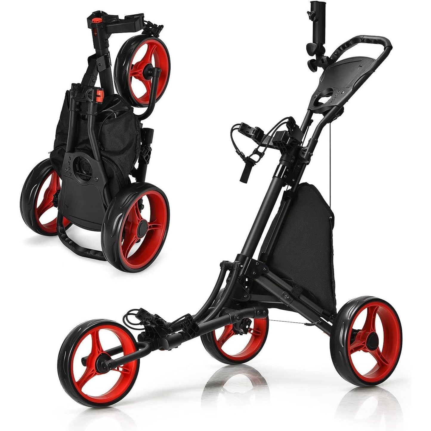 Golftrolley – Golfwagen – Golf Caddy – Golf Pushcart – 3-wiel trolley – Verstelbaar Handvat – Voetrem – Inklapbaar – Parapluhouder – Bekerhouder – Zwart/Rood