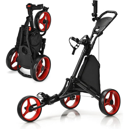 Golftrolley – Golfwagen – Golf Caddy – Golf Pushcart – 3-wiel trolley – Verstelbaar Handvat – Voetrem – Inklapbaar – Parapluhouder – Bekerhouder – Zwart/Rood