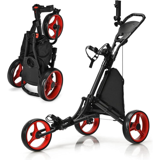 Golftrolley – Golfwagen – Golf Caddy – Golf Pushcart – 3-wiel trolley – Verstelbaar Handvat – Voetrem – Inklapbaar – Parapluhouder – Bekerhouder – Zwart/Rood