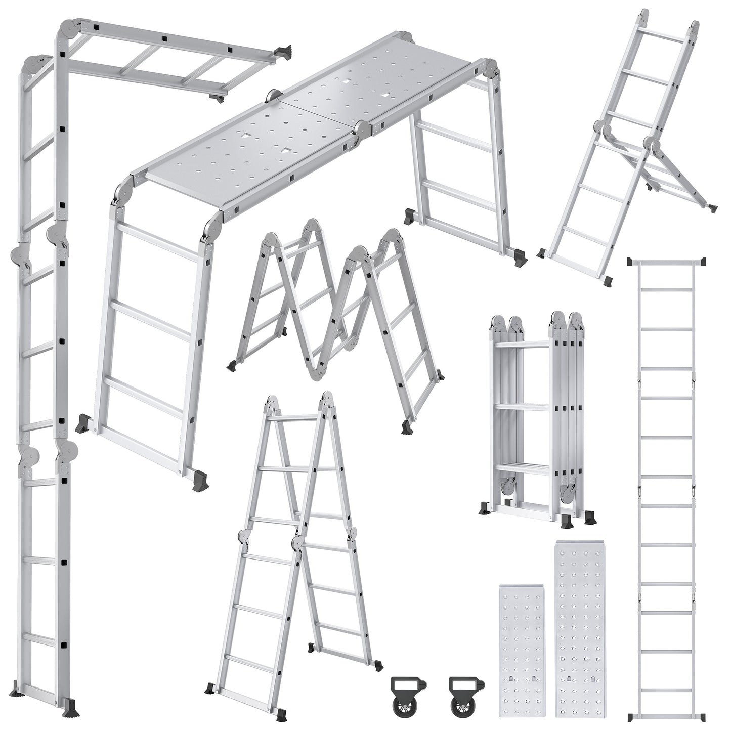 Multipurpose Ladder, Household Ladder, Foldable, Step Ladder Work Platform, Load-Bearing 150kg, Aluminum Alloy Combination Ladder, Silvery, (4X3 Steps, 4X4 Steps, 4X5 Steps)