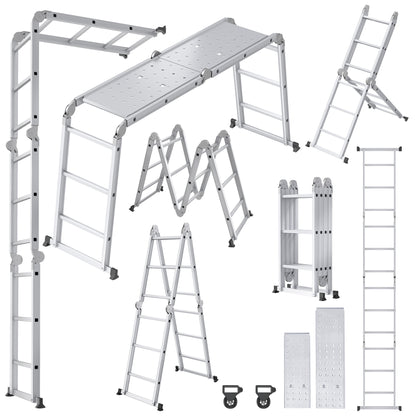 Multipurpose Ladder, Household Ladder, Foldable, Step Ladder Work Platform, Load-Bearing 150kg, Aluminum Alloy Combination Ladder, Silvery, (4X3 Steps, 4X4 Steps, 4X5 Steps)