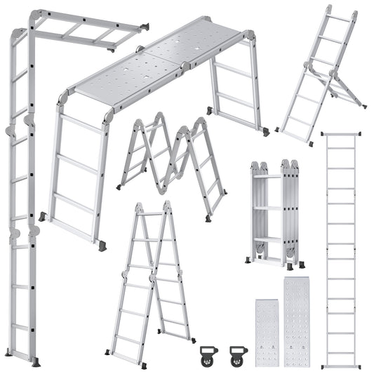 Multipurpose Ladder, Household Ladder, Foldable, Step Ladder Work Platform, Load-Bearing 150kg, Aluminum Alloy Combination Ladder, Silvery, (4X3 Steps, 4X4 Steps, 4X5 Steps)