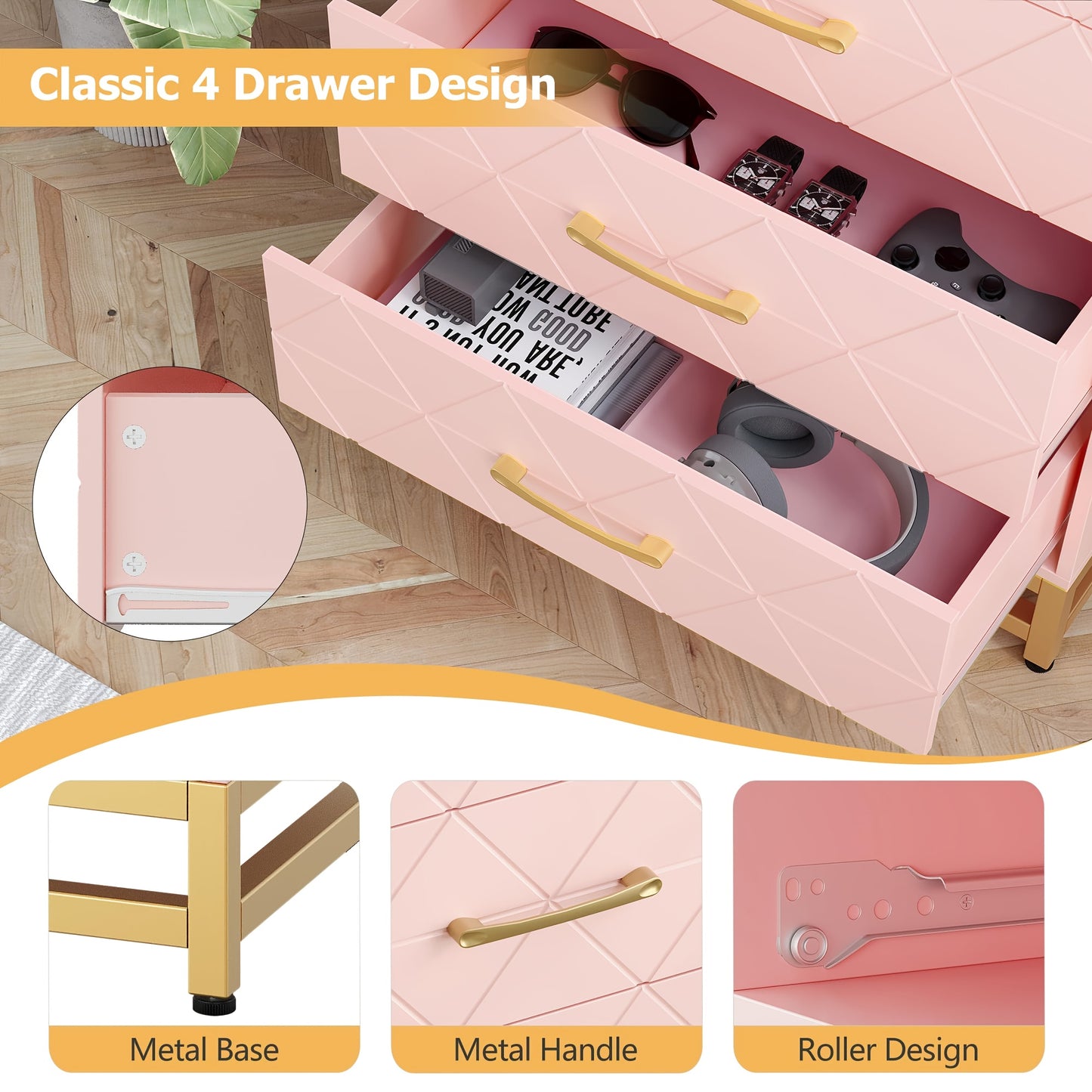 Ladekast – Dresser – Kast – Opbergkast – Ladekastje – Roze met Gouden Accenten – 3,2+ Kubieke Voet Opbergruimte – 68,5 cm Hoog – 2 Laden en 2 Planken – Stevig en Duurzaam – Eenvoudig Zelf Te Monteren