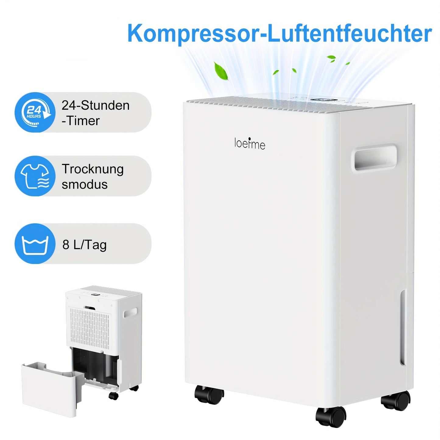 Luchtontvochtiger – Vochtvreter – Dehumidifier – Droger – Vochtopnemer – 8L per dag – Stil 40 dB met Timer en Continu Afvoer