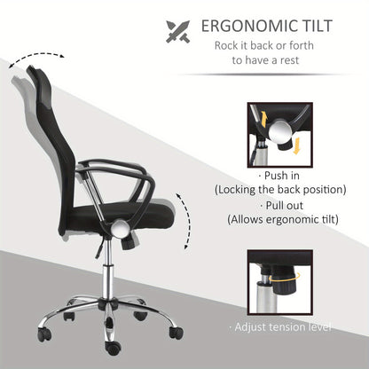 Bureaustoel – Ergonomische Stoel – Office Chair – Gamingstoel – Kantoorstoel – Verstelbare Zithoogte – Kantelfunctie – Ademend Mesh – Gevoerde Zitting – 360° Draaibaar – Zwart