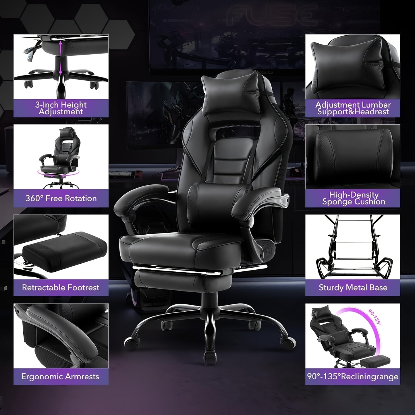 Ergonomic Gaming Chair with Massage Lumbar Support & Retractable Footrest - 360° Swivel, Height-Adjustable Computer Desk Chair with Headrest & Backrest Cushion, Quiet-Rolling Casters for Office & Home, Easy Assembly (No Tool