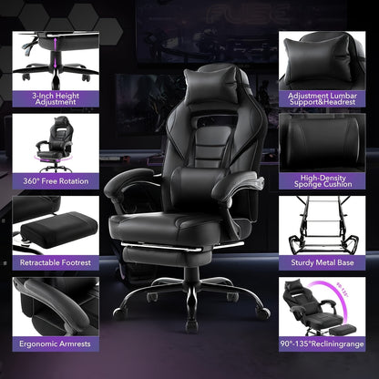 Ergonomic Gaming Chair with Massage Lumbar Support & Retractable Footrest - 360° Swivel, Height-Adjustable Computer Desk Chair with Headrest & Backrest Cushion, Quiet-Rolling Casters for Office & Home, Easy Assembly (No Tool