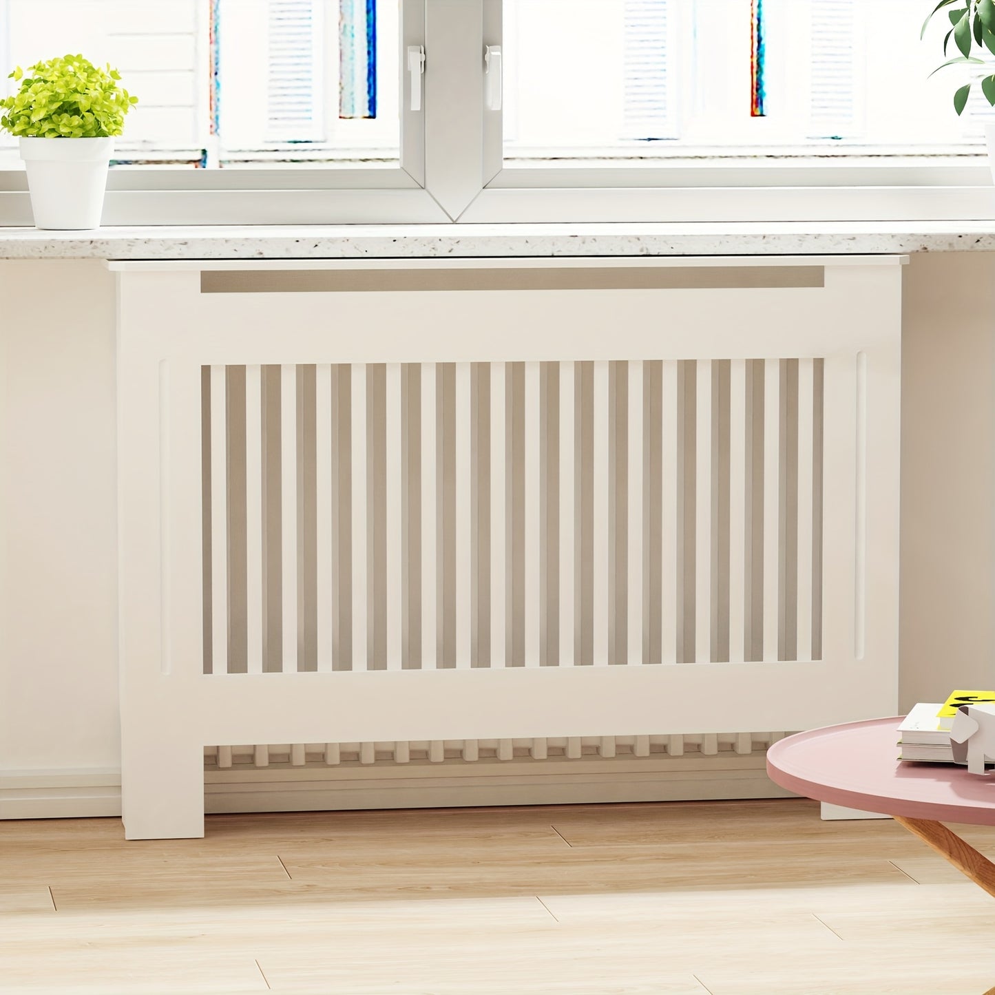 Radiatorombouw – Radiatorkast – Verwarmingsdeksel – Radiatorbekleding – Radiatorafdekking – Wit Houten Design – 100 cm Hoog – 3,2 Cu Ft Opbergruimte – Ventilerend Lamellenpatroon