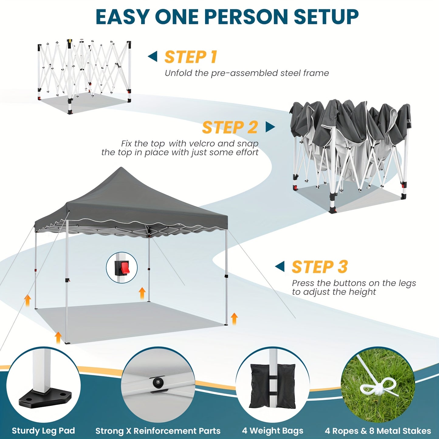 3x3m Pop Up Gazebo Tent, Height Adjustable Party Canopy, Easy Setup Pavilion with Sandbags Wind Ropes Ground Nails, Portable Event Shelter with Carry Bag for Garden Wedding BBQ Camping, Tent for Camping, Camping Equipment And