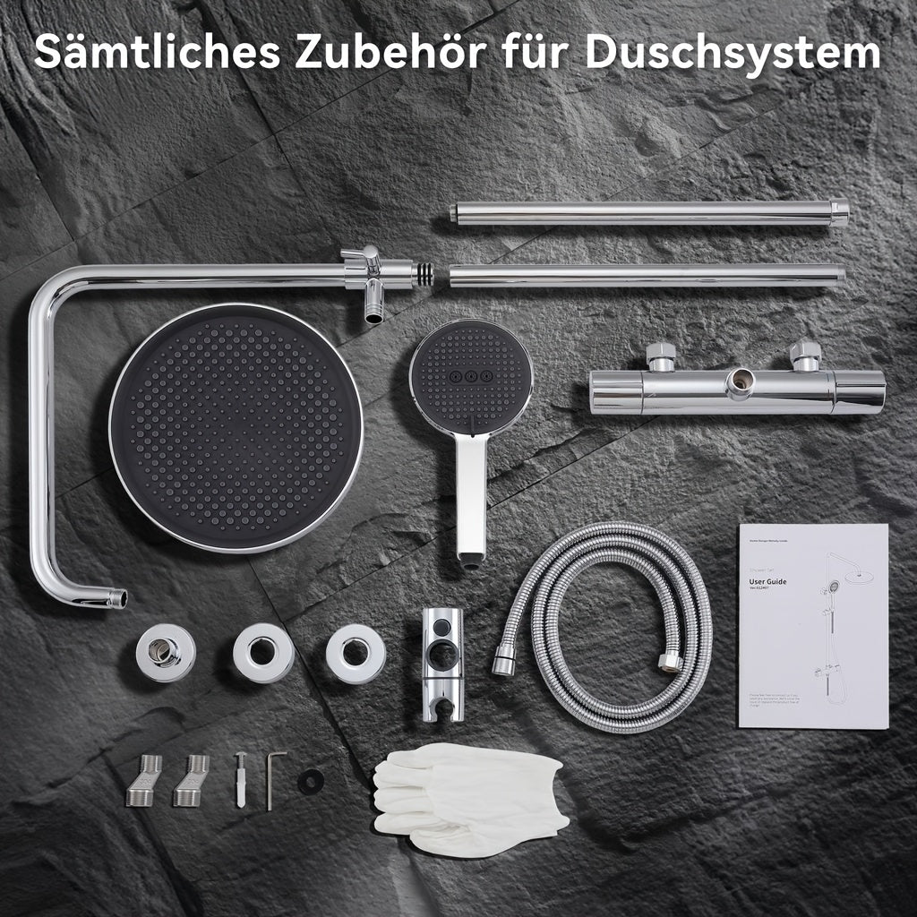 Doucheset – Regendouche – Douchekolom – Thermostaatkraan – Handdouche – Ronde 255 mm Regendouchekop – Verstelbare Roestvrijstalen Douchearm