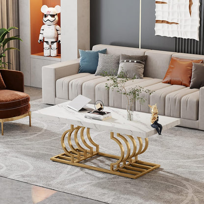 Salontafel – Koffietafel – Bijzettafel – Woonkamertafel – Lounge tafel – Wit & Gouden Design – Extra Lang 120 cm – MDF Tafelblad Met Faux Marmer Laminaat