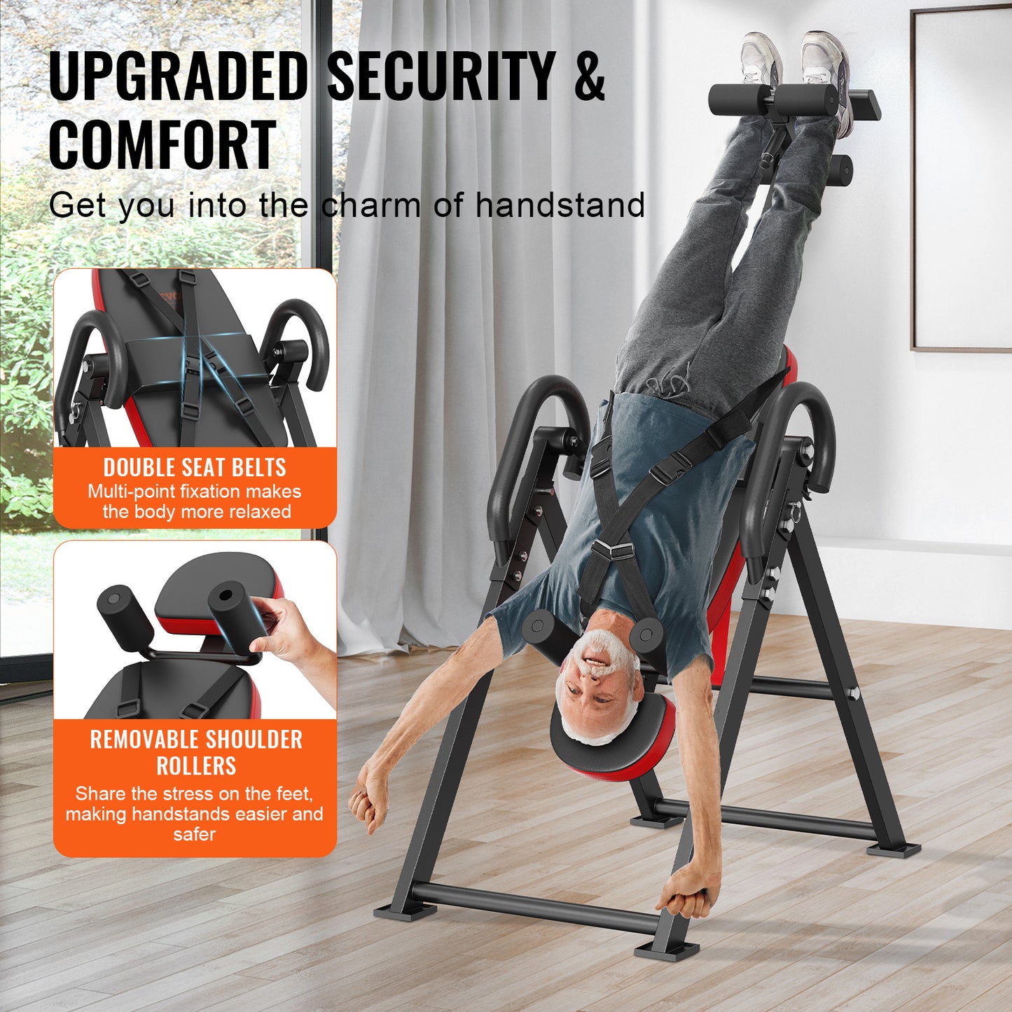 Omgekeerde Tafel – Inversietafel – Rugtrainer – Stretchtafel – Fitnessbank – Inklapbaar Ontwerp – Verstelbare Hoogte 150-190 cm – Robuust Stalen Frame – Veiligheidsgordels en Antislip Handgrepen – Rood/Zwart