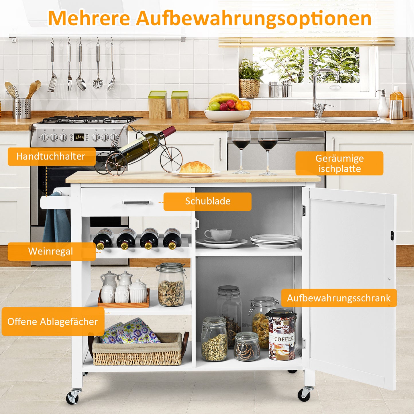 Kunststof Keukentrolley – Keukenwagen – Serveerwagen – Keukeneiland – Rolwagen – Met Wijnrek & Handdoekhouder – Robuust Houten Werkblad – Wielen Met Rem