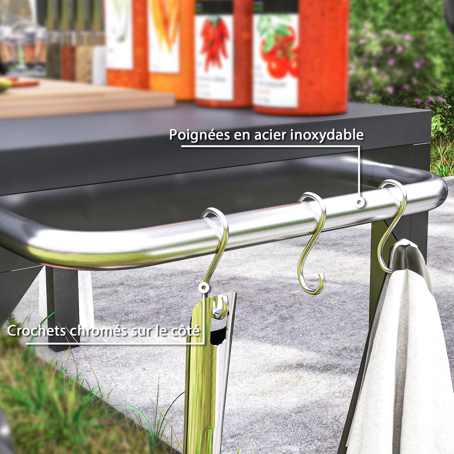 HOMCOM Garden Trolley Steel Serving Cart for Plancha Grill Service Trolley with Wheels Outdoor Serving Trolley with Worktop 135L X 55W X 86.5H Cm Black