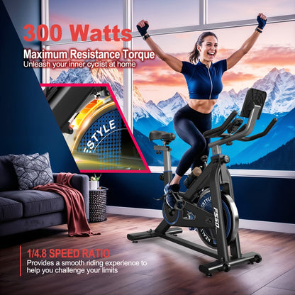 Vowvit Exercise Bike with 300 Watt Resistance Torque, 4-Way Fully Adjustable Ergometer Home Trainer Bicycle, Indoor Fitness Bikes with RPM Display, Large Tablet Holder, 150 kg Load Capacity, Without Battery